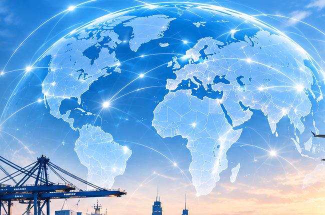 Illuminated globe with trade routes connecting continents