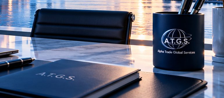 A.T.G.S. office desk with branded folder and pen holder