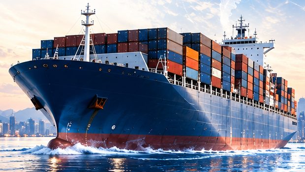 Container ship loaded with cargo leaving a port
