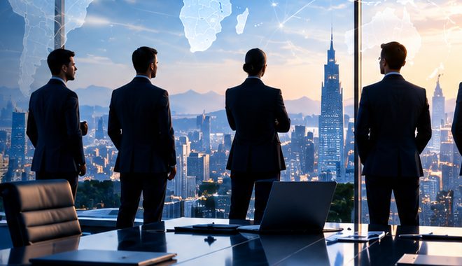 A.T.G.S. team members looking over a city skyline from a meeting room